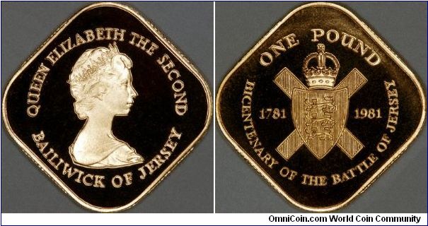 Jersey's first gold pound coin was issued in 1981 to celebrate the bicentenary of the Battle of Jersey in 1781, in which the French tried to invade, but were repulsed by the Royal Jersey Militia, whose badge appears on the reverse.