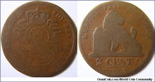 Belgium 1835 2 cents overstruck on Dutch 1 cent (1817-1837) Special thanks to Jos!