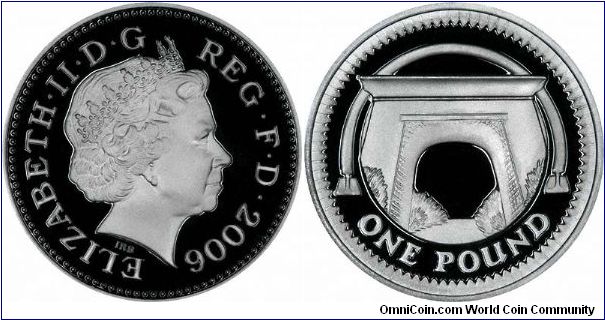 Silver proof One Pound coin with Egyptian Arch Railway Bridge representing Northern Ireland.