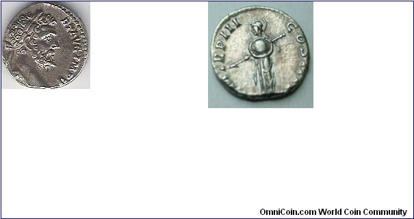 Septimius Severus
193-211AD
3.19 gm
O: L SEPT SEV PRT AVG IMP V TRP III COS IIII Minerva stg 1. holding transverse spear, shield at left shoulder.