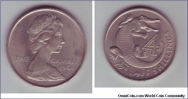 The Gambia - 4 Shillings - 1966

Rather strange value for a coin, especially seeing as the Double Florin (Four Shilling) coin flopped so badly in the UK.

This coin seems to be from the final year that coins with the Queen's portrait were produced before independance.

This design is still used on the 1 Dalasi coin