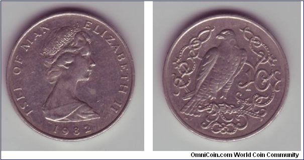 Isle Of Man - 10p - 1982

Rather nice coin showing a falcon.  This coin was issued in 1980 & was discontinued in the mid 1980's.

I do have the complete set from this set, however due to them being in a proof case & my scanner only being cheap I cannot post any images of certain coins on here unfortunately