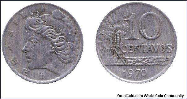 Brazil, 10 centavos, 1971, Cu-Ni.                                                                                                                                                                                                                                                                                                                                                                                                                                                                                   