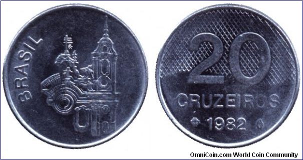 Brazil, 20 cruzeiros, 1982, Steel, Francis of Assis Church.                                                                                                                                                                                                                                                                                                                                                                                                                                                         