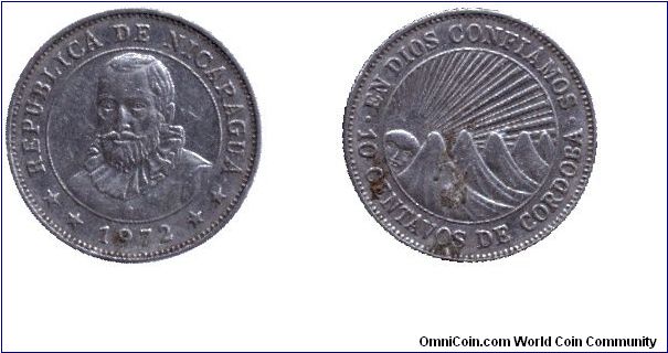 Nicaragua, 10 centavos, 1972, Ni-Steel, Francisco Hernandes de Cordoba, reeded edge.                                                                                                                                                                                                                                                                                                                                                                                                                                