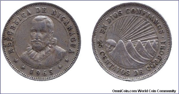 Nicaragua, 25 centavos, 1965, Cu-Ni, Francisco Hernandes de Cordoba, B.C.N. on edge.                                                                                                                                                                                                                                                                                                                                                                                                                                