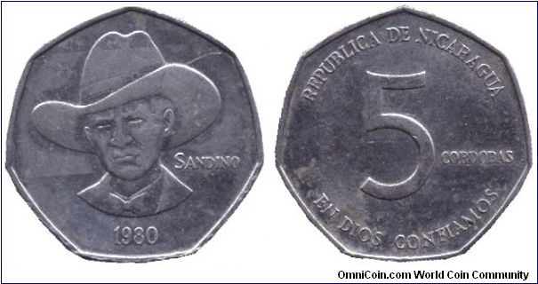 Nicaragua, 5 cordobas, 1980, Cu-Ni, Sandino.                                                                                                                                                                                                                                                                                                                                                                                                                                                                        