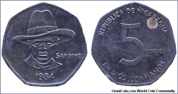 Nicaragua, 5 cordobas, 1984, Ni-Steel, Sandino.                                                                                                                                                                                                                                                                                                                                                                                                                                                                     