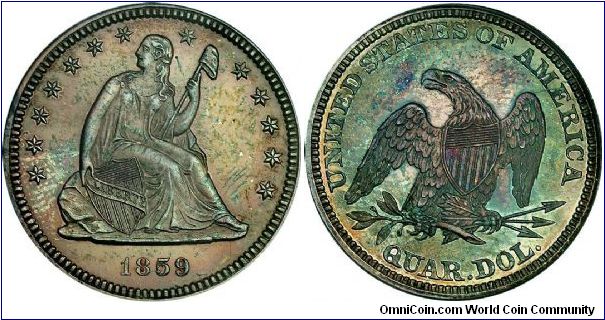 1859 SEATED LIBERTY QUARTER (No Motto).  PCGS PR-64.  Although Mint records indicate that 800 proofs were struck in this year, an unknown number were melted at year's end as unsold, leaving this issue with a relatively high official mintage but low availability in all grades.  This near-Gem is a heavily patinated specimen featuring dove-gray to burnt-orange obverse tints and a greenish-gray reverse with some russet towards the center.   Well struck throughout with no hairlines or marks.