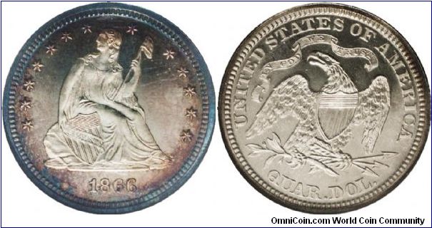 1866 SEATED LIBERTY QUARTER (Motto Added).  NGC PR65 Cameo.  The exquisitely struck devices on each side have thick silver-white frost. The obverse fields have heavy cerulean peripheral toning and degrees of pink and champagne closer to Liberty, while the reverse's fathomless mirrors are undimmed by thin, even steel-gray patina. A gorgeous specimen.