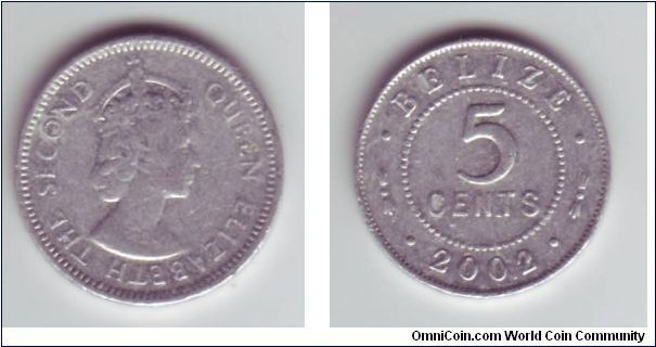 Belize - 5c - 2002

Rather odd coin from 2002, considering the fact the portrait used has been superseeded 3 times at least.