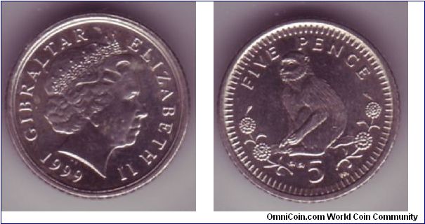 Gibraltar - 5p - 1999

Coin showing a monkey & the Type 4 head