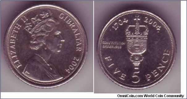 Gibraltar - 5p - 2004

Coin celebrating 300th anniversary of British Ownership, Gibraltar coins have a unique variant of the type 4 head, in use since 2004