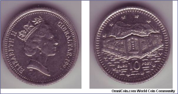 Gibraltar - 10p - 1993

As 1992 issue, except if you look at the bottom right obverse of the coin, you'll notice that part of the border & 1993 haven't been stamped correctly