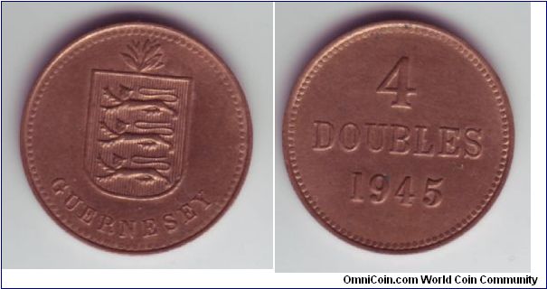 Guernsey - 4 Doubles - 1945

Coin from the rather odd coins of Guernsey before decimalisation was introduced.  

The 4 Doubles coin was the same size as the pre-decimal half pence.  The spelling on this particular coin is how the French spell Guernsey, with an extra E

This coin doesn't depict a monarch and is one of the few exceptions in this group allowed mainly as it took a long while for Guernsey to adpot the monarch on their coinage