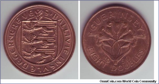 Guernsey - 8 Doubles - 1959

Just before decimalisation hit Guernsey they decided to do one final revamp of their coins, the 4 & 8 Doubles coins were given a major overhaul with some rather nice designs, a Three Pence coin was introduced as was a 10/- coin.  The 1 & 2 Doubles were discontinued