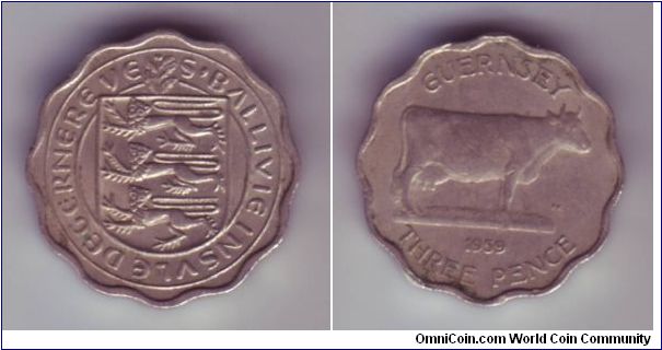 Guernsey - 3p - 1959

An oddity this one, introduced prior to decimalisation when Guernsey's currency was given a major overhaul.  

However although the new 4 & 8 Doubles coins featured flowers the Three Pence featured a cow and was made of an unusual flower shape