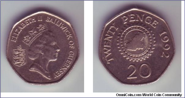 Guernsey - 20p - 1992

Coin showing, what looks like, a map of Guernsey and a pattern round the outside