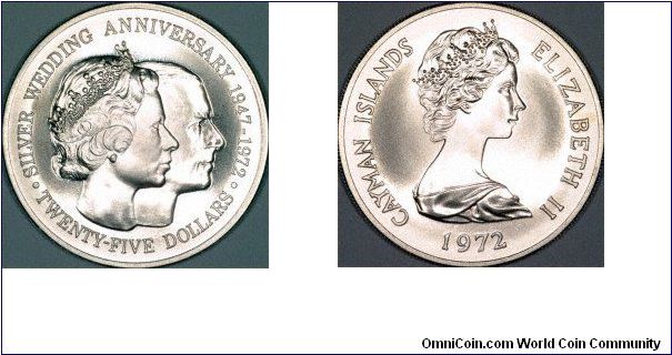 sterling silver $25 uncirculated edition cayman islands coin to commemorate the 25th wedding anniversary of queen elizabeth 2 and prince philip
