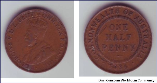 Australia - Half Penny - 1936

Australian Half Pence from 1936 with George V crowned portrait, would have been very fine except for a deep scratch on the reverse