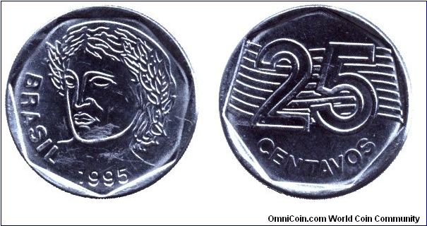 Brazil, 25 centavos, 1995.                                                                                                                                                                                                                                                                                                                                                                                                                                                                                          
