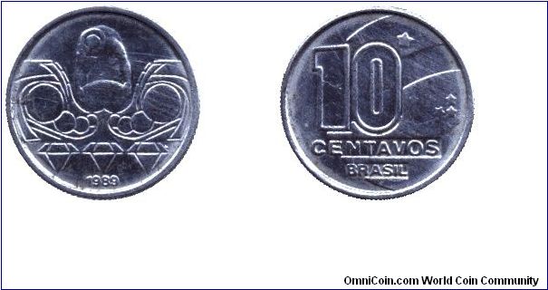 Brazil, 10 centavos, 1989, Steel.                                                                                                                                                                                                                                                                                                                                                                                                                                                                                   