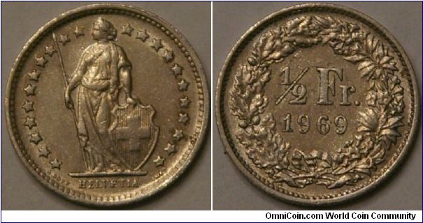 1/2 franc, 18 mm, Cupronickel (was Ag until 1967)