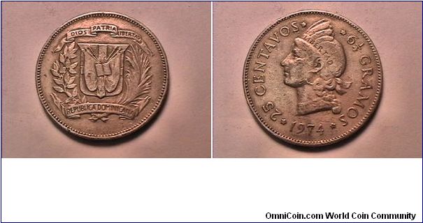 REPUBLICA DOMINICANA
25 CENTAVOS 6 1/4 GRAMOS
copper nickel