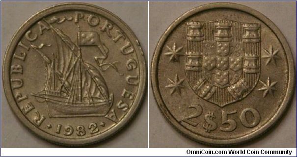 2.5 escudos, lovely small coin, cupro-nickel, 20 mm (I am partial to sailing ships)