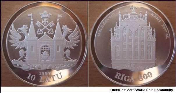 10 Latu - 800 years of Riga, 18th century - 31.47 g Ag 925 - mintage 5,000 (hard to find !)