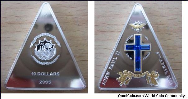 10 Dollars - Blue crystal cross, death of Pope John Paul II - 25 g Ag 925 with Swarovski crystals - mintage 5,000