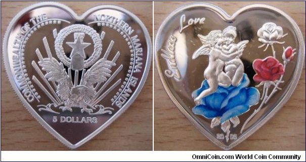 NORTHERN MARIANA ISL - 5 Dollars - Endless love - 25 g Ag 925 - mintage 1,888 (first heart shaped coin in the world)