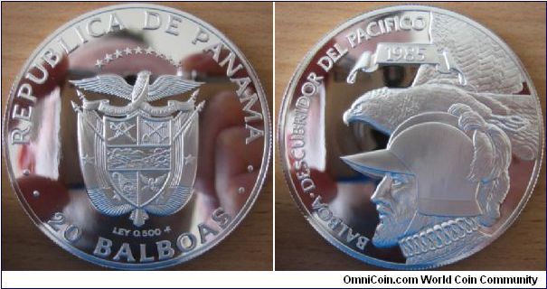 20 Balboas - Discover of pacific ocean - 119.88 g Ag 500 - mintage 1,402