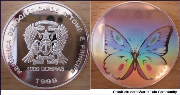 1000 Dobras - Hologram butterfly - 31.1 g Ag 999 - mintage 10,000