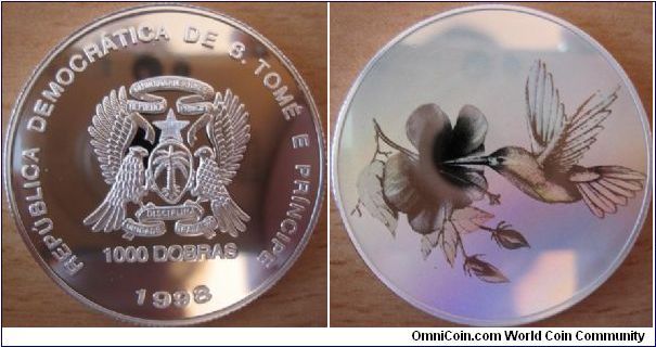 1000 Dobras - Hologram hummingbird - 31.1 g Ag 999 - mintage 10,000