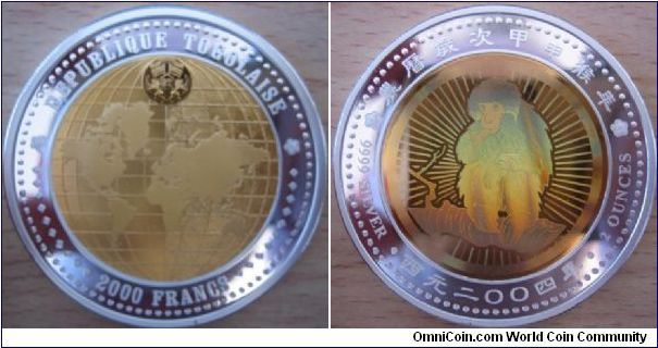 2000 Francs - Year of the monkey gold hologram - 62.2 g Ag 999 - mintage unknown (hard to find !)