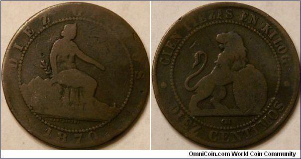 10 centimos, with Seated Hispania, 30 mm, bronze, 10 gramos (grams)