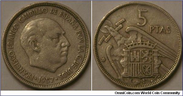5 pesetas, Francisco Franco, Coat of arms of Spain with the francoist eagle, 23 mm, Cu-Ni