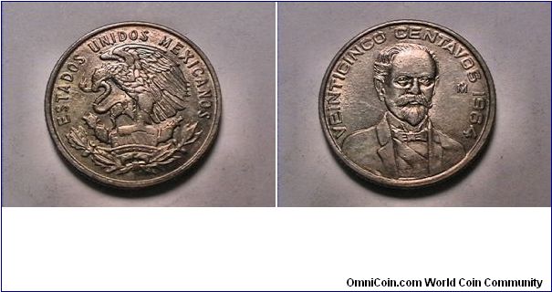 ESTADOS UNIDOS MEXICANOS
VEINTICINCO CENTAVOS
copper nickel, CLOSED BEAK