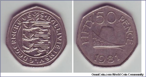 Guernsey - 50p - 1981

Ealrier design showing the shield of Guernsey rather than the Queen.

The reverse depicts a Ducal Cap