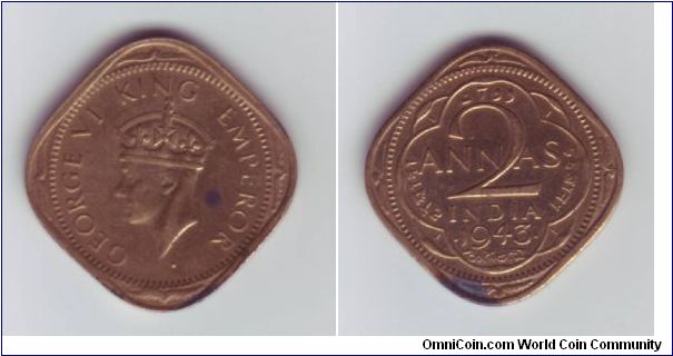 British India - 2 Annas - 1943

Brass coloured version of the George VI 2 Annas coin