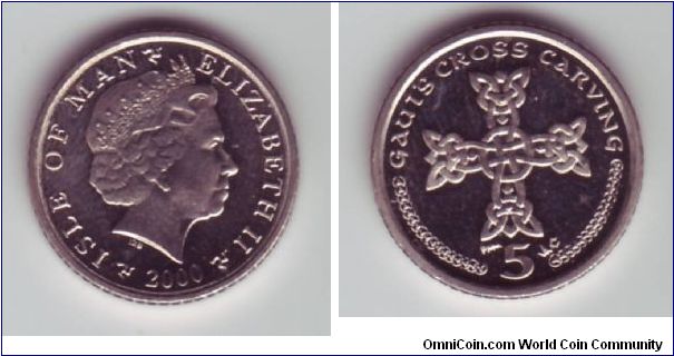 Isle Of Man - 5p - 2000

Part of the Millennium series the 5p depicts a rather excellent design of Gaut's Cross Carving