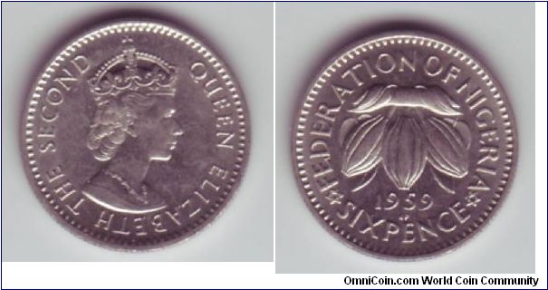 Nigeria - 6p - 1959

Sixpence with a floral design on the reverse