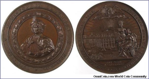 1892 COLUMBIAN EXPOSITION - COLUMBUS WITH CHART (Eglit-55, Bronze).  A near-Gem with original, dark brown patination.  Obverse depicts bust of Columbus holding a chart or cartograph.  Reverse shows two allegorical figues watching Colbumbus' 3 ships sail towards Expo bldgs.  Adapted from the larger medal by Mayer & Wilhelm (Eglit 582).