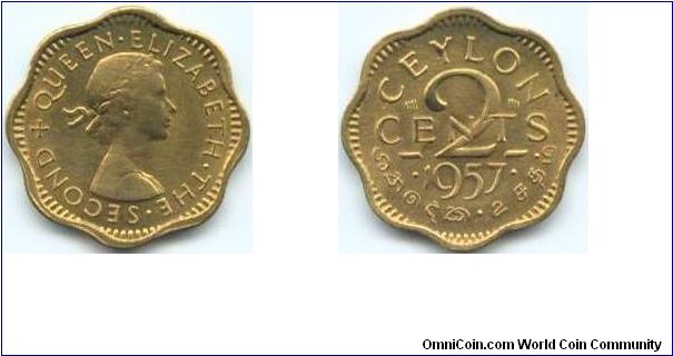 Ceylon, 2 cents 1957.
Queen Elizabeth II.