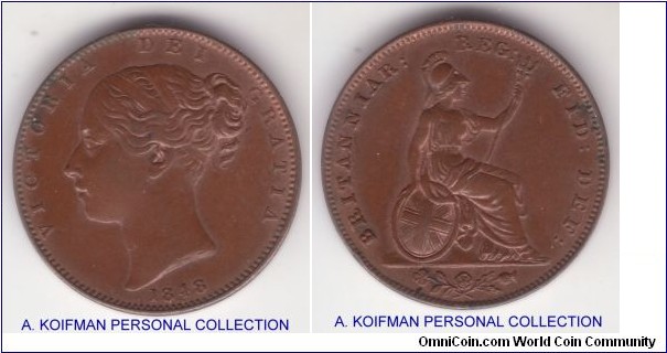 KM-725, 1848 Great Britain farthing; Copper, plain edge; nice chocolate toned uncirculated specimen or about; what appear to be high 4 and normal reverse.