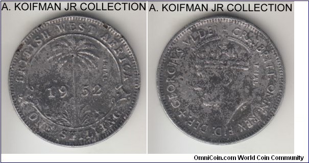KM-TS1, 1952 British West Africa shilling; trial, cromiun plated magnetic steel, crude and part reeded edge; test or trial strike with vertical TRIAL on both sides, good very fine details, chromium wan and steel cavities some look to be in original flan, some may be post strike.