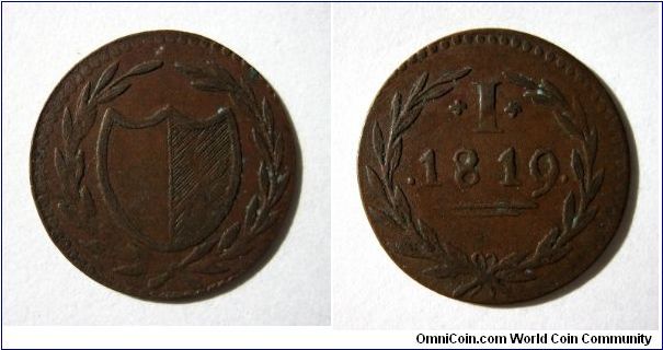 So-called Bleyensteinse duit.  Actually a token, minted in Frankfurt (using a generic design) and imported to the Netherlands, where copper coinage was scarce.  Bleyenstein, an Utrecht grocer, was one merchant to bring the tokens into circulation.  When he refused to accept them as payment in 1821, locals looted his house in protest.  Or so the story goes.