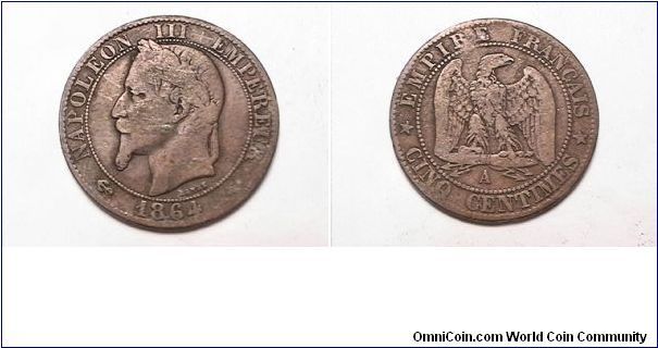 NAPOLEON III EMPEREUR
EMPIRE FRANCAIS CINQ CENTIMES 1864-A
bronze