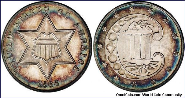 1866 SILVER THREE CENT PIECE (Type 3) (Ex. Jules Reiver Collection).  
A delightful example that exhibits glittering mirror fields and sharp, frosty design elements. The obverse has pleasing golden toning at the center, with blue and violet peripherally. The reverse is mostly brilliant with tinges of electric blue at the rim.